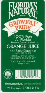 A specimen consisting of a orange juice label featuring the mark