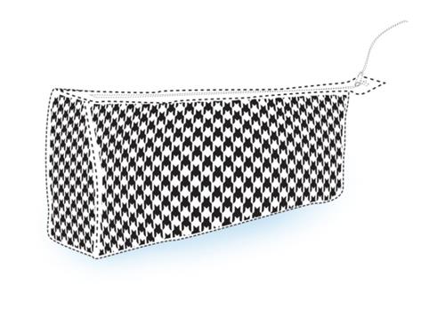 Drawing depicting a repeating houndstooth pattern applied to the entire exterior surface of the side and end panels of a handbag.
