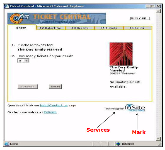 Screenshot of Ticket Central webpage showing the applicant's mark Insite Ticketing for application service provicer services.