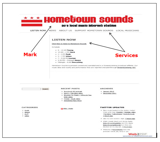 Screenshot of Hometown Sounds webpage showing a schedule of music programs and a link for streaming music.