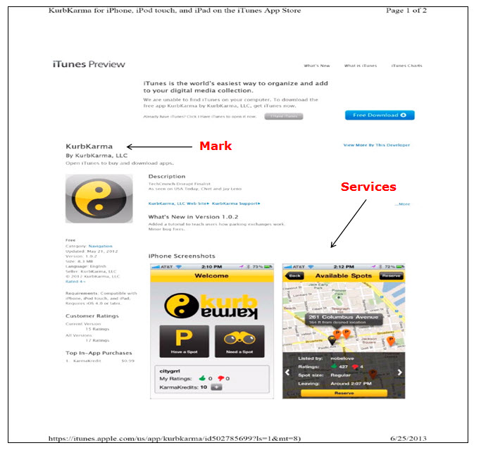 Screenshot of iTues webpage displaying two screenshots of an iPhone, one being the home screen of a computer application and the other being a street map showing  available parking spots for the on-line matching services.