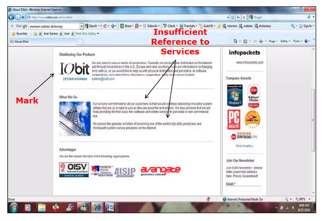 Screenshot of I0Bit webpage displaying information about distributing applicant's products, and about what applicant does.