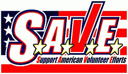 The acronym "S.A.V.E." with stars for periods and the words "Support American Volunteer Efforts" below, all on an American flag backround.