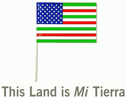 American flag with red, white, and green stripes and the wording "This land is Mi Tierra"