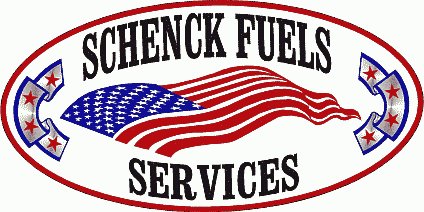 American flag in oval with bunting on sides and the words "Schenk Fuels Services"