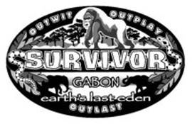 Design comprising an oval design with the stylized wording 'OUTWIT OUTPLAY' and 'OUTLAST', the design of a stylized jungle containing a gorilla, elephants, and snakes and the stylized wording 'SURVIVOR GABON EARTH’S LAST EDEN' within the oval.