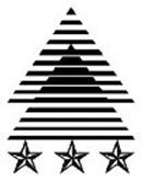 Design comprising two overlapping triangles made up of horizontal lines with three stars positioned below.