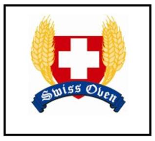 Description: A mark consisting of a red shield with a white cross in the middle, with a set of yellow wheat on the left and right side of the shield; a blue banner at the bottom of the shield with white lettering that reads the words Swiss Oven in the banner; and black shading at the bottom of the blue banner.