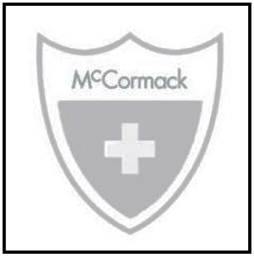 Description: Mark consisting of a shield device, the word "McCormack" and the design of an upright equilateral cross displayed in silver and white.